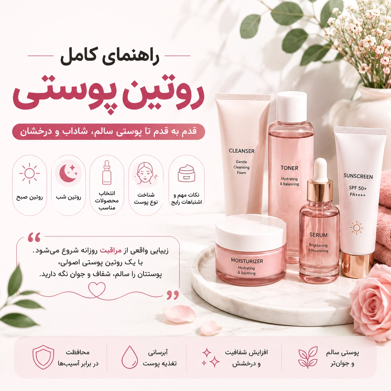 راهنمای کامل روتین پوستی شامل مراحل شستشو، آبرسانی، مرطوب‌کننده و ضدآفتاب برای داشتن پوستی سالم و شفاف